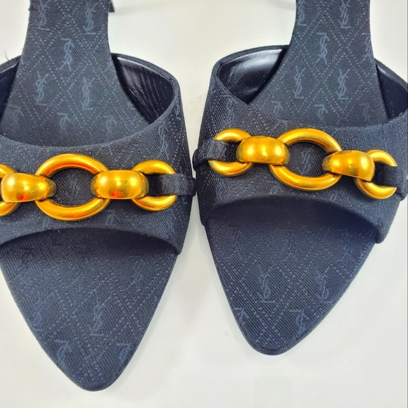 NEW$1050 Saint Laurent YSL Logo Gippy Chain Kitten-Heel Slide Sandal Mules Sz 37 - Picture 14 of 17